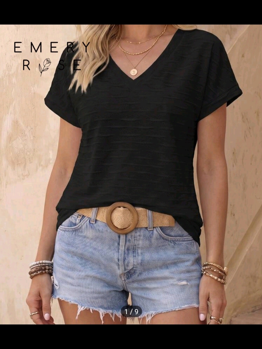 Emery Rose Black V-Neck Short Sleeve Tee